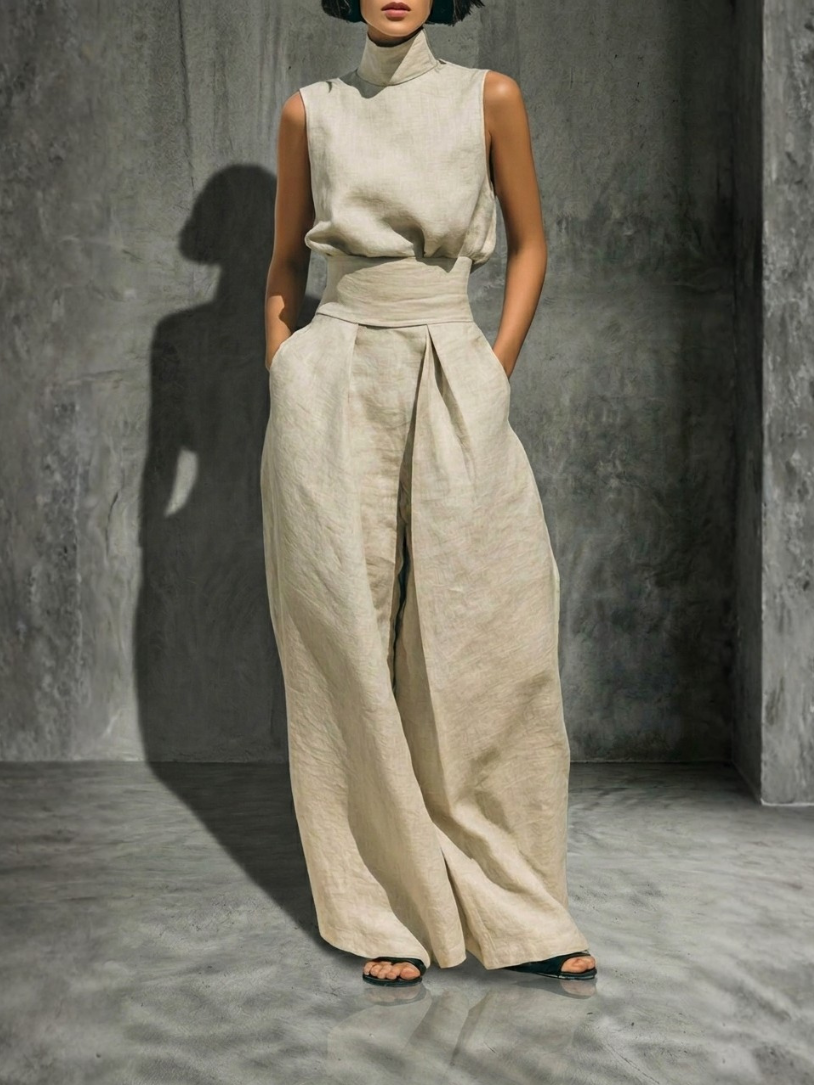 Damen-Set aus Baumwoll-Leinen, ärmellos, weite Hose