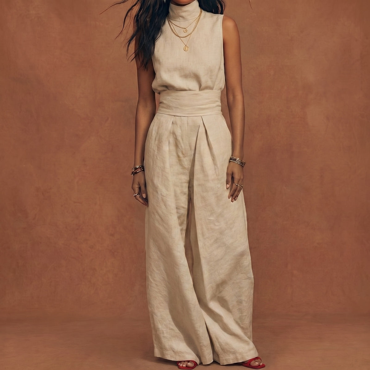 Conjunto Mujer Algodón Lino Sin Mangas Pantalón Ancho