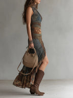 Vestido Largo Asimétrico Estampado Étnico con Abertura