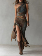 Vestido Largo Asimétrico Estampado Étnico con Abertura