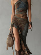 Vestido Largo Asimétrico Estampado Étnico con Abertura