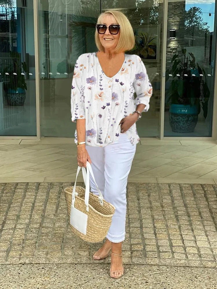 Blusa Floral Elegante con Escote en V Relajado