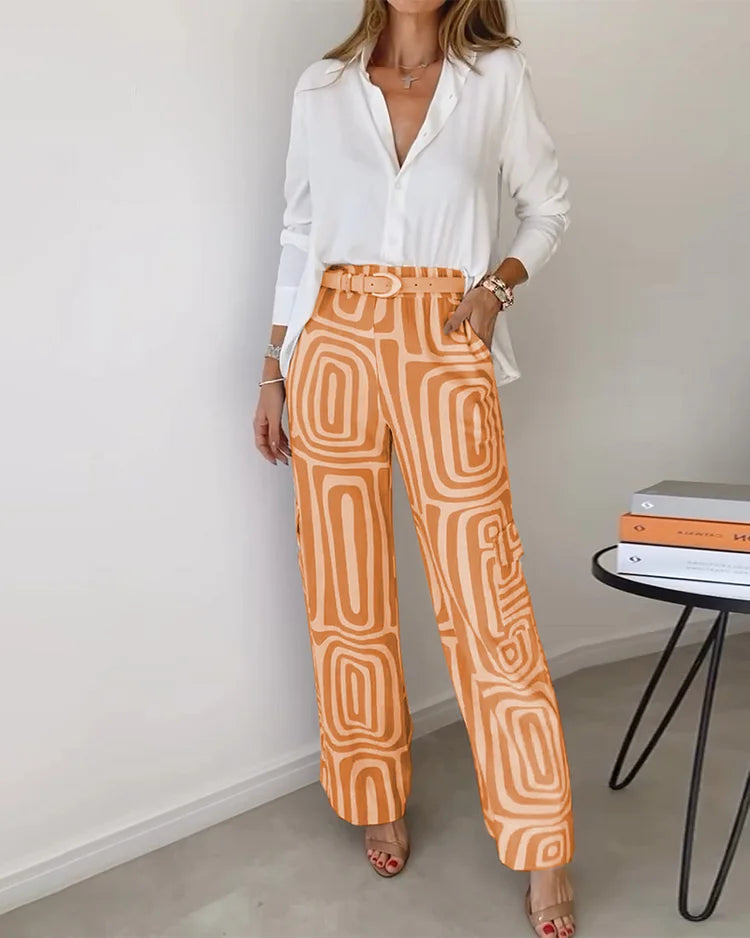 Conjunto Pantalón Elegante con Blusa y Cinturón