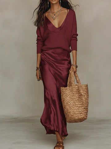 Conjunto Midi Satén con Jersey de Punto Elegante