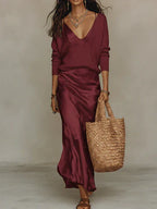Conjunto Midi Satén con Jersey de Punto Elegante
