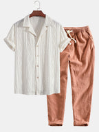Conjunto Camisa Cubana Jacquard y Pantalón Cropped Lino