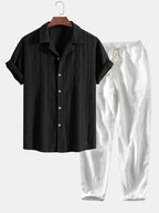 Conjunto Camisa Cubana Jacquard y Pantalón Cropped Lino