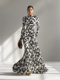 Elegant Floral Maxi Dress, High Neck, Long Sleeves