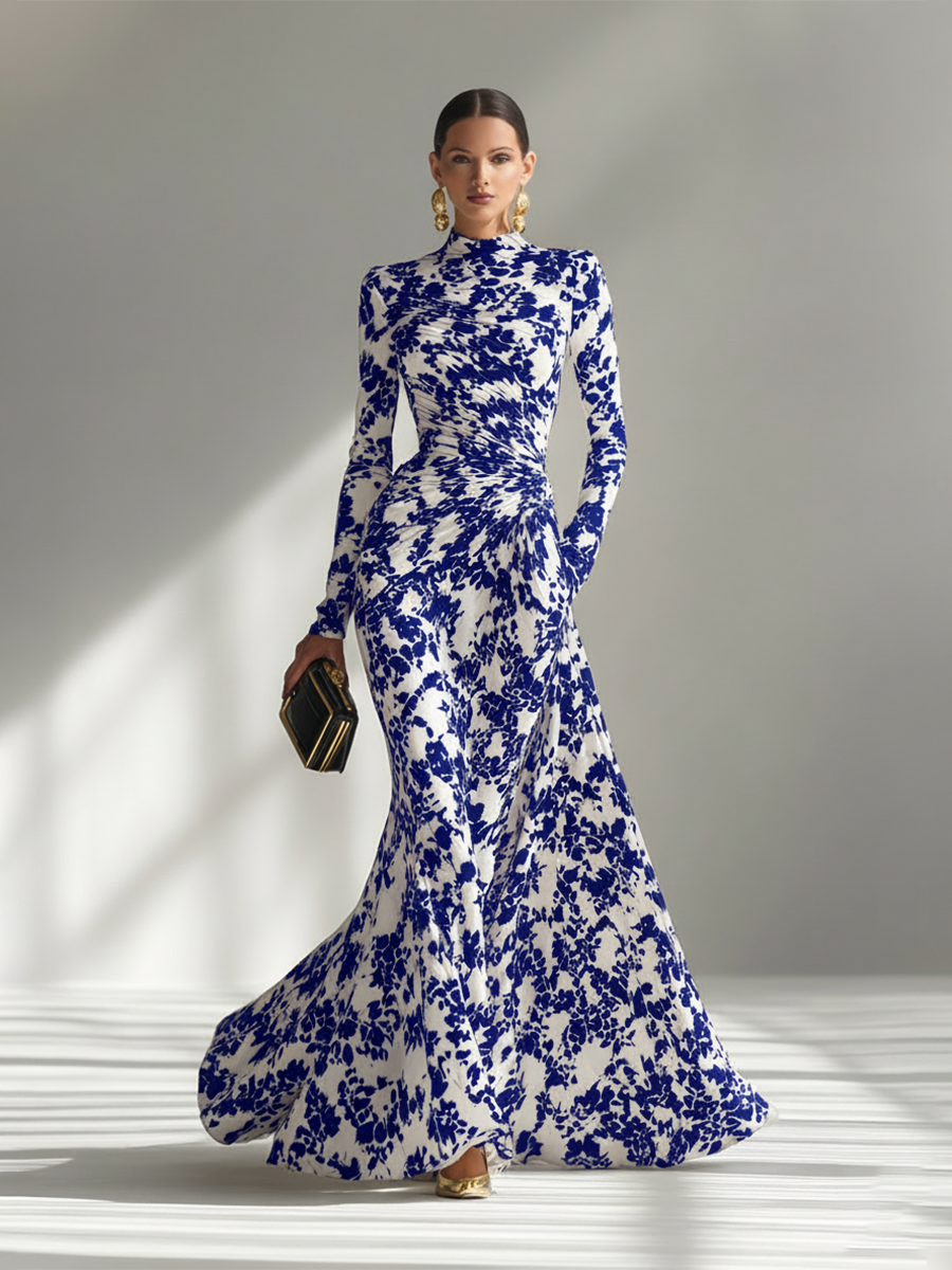 Elegantes geblümtes Maxi-Kleid mit Stehkragen und langen Ärmeln