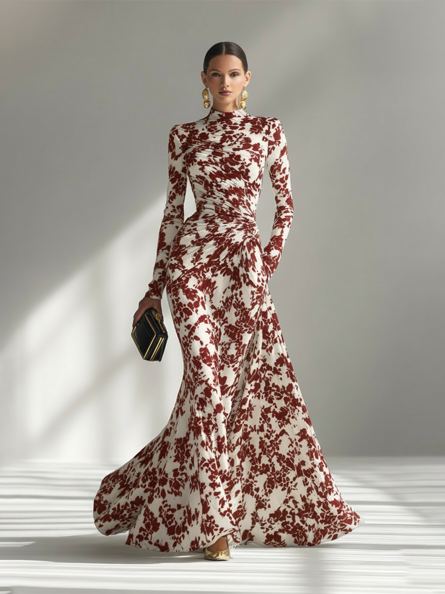 Elegantes geblümtes Maxi-Kleid mit Stehkragen und langen Ärmeln