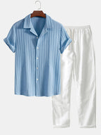 Conjunto Camisa Cubana Jacquard a Rayas y Pantalón