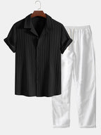 Conjunto Camisa Cubana Jacquard a Rayas y Pantalón