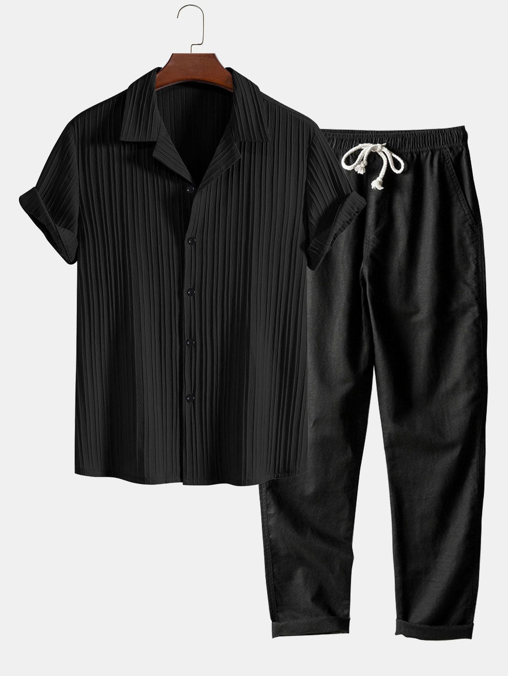 Conjunto Camisa Cubana Jacquard a Rayas y Pantalón