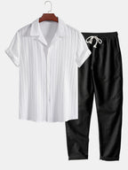 Conjunto Camisa Cubana Jacquard a Rayas y Pantalón
