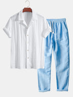 Conjunto Camisa Cubana Jacquard y Pantalón Recto de Lino