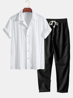 Conjunto Camisa Cubana Jacquard y Pantalón Recto de Lino