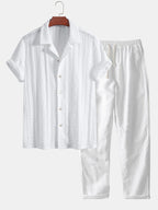 Conjunto Camisa Cubana Jacquard y Pantalón Recto de Lino