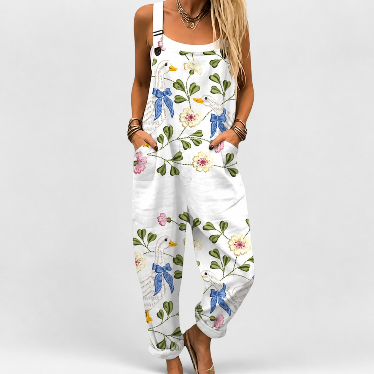 Grafika | Neutral Graphic Floral Strap Jumpsuit