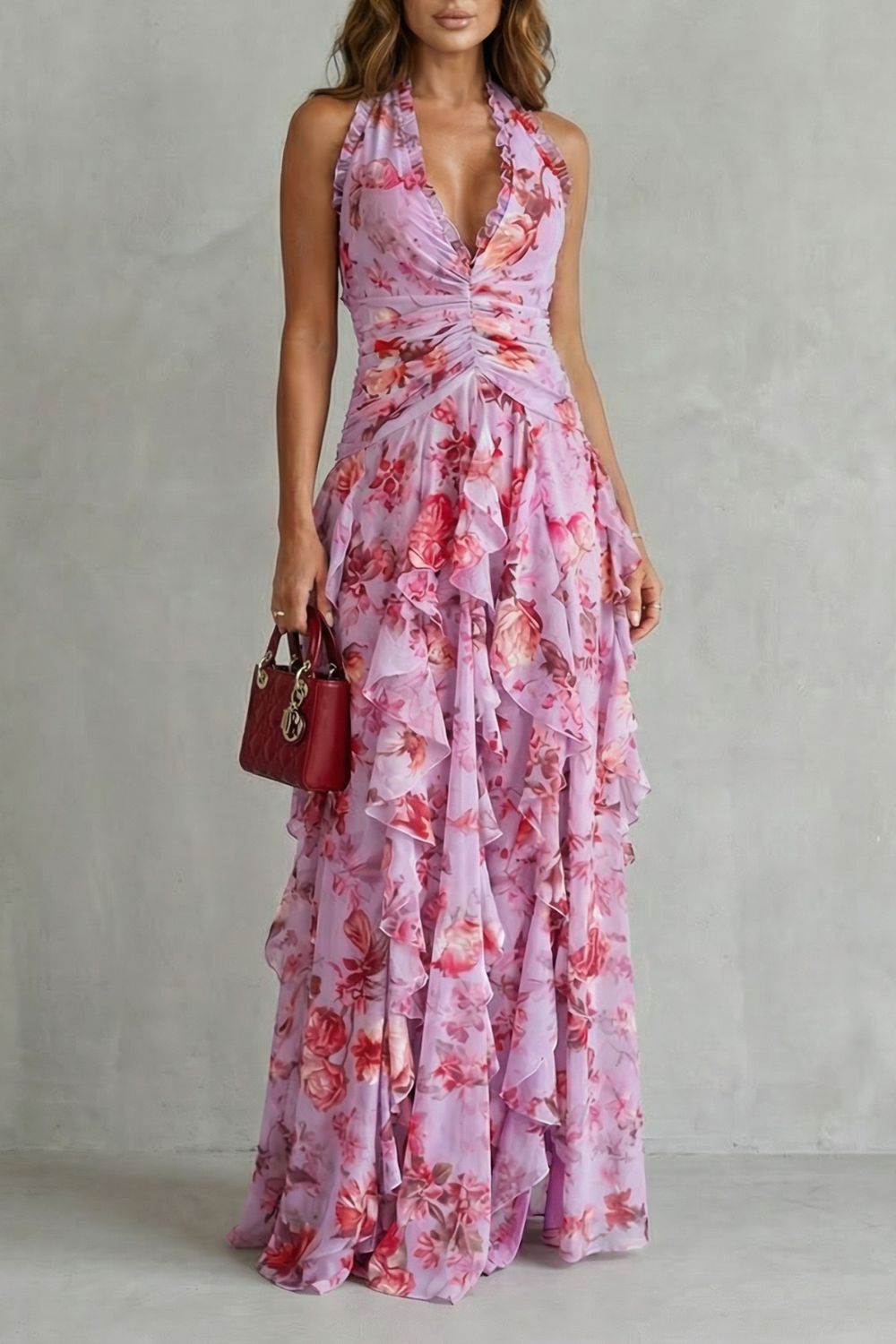 Belladina | Romantic Long Dress with Rose Cascade and Halter Neckline