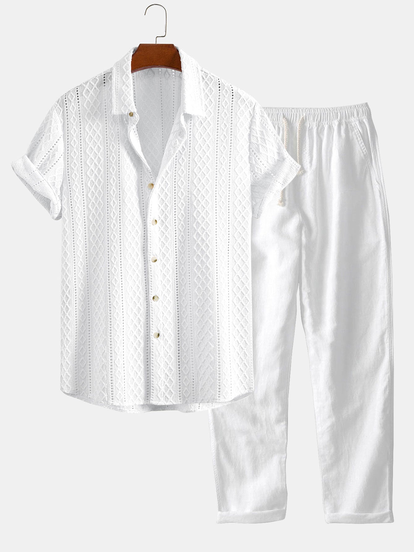 Conjunto Camisa Jacquard Geométrica y Pantalón de Lino