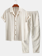 Conjunto Camisa Cubana Jacquard Floral y Pantalón Recto