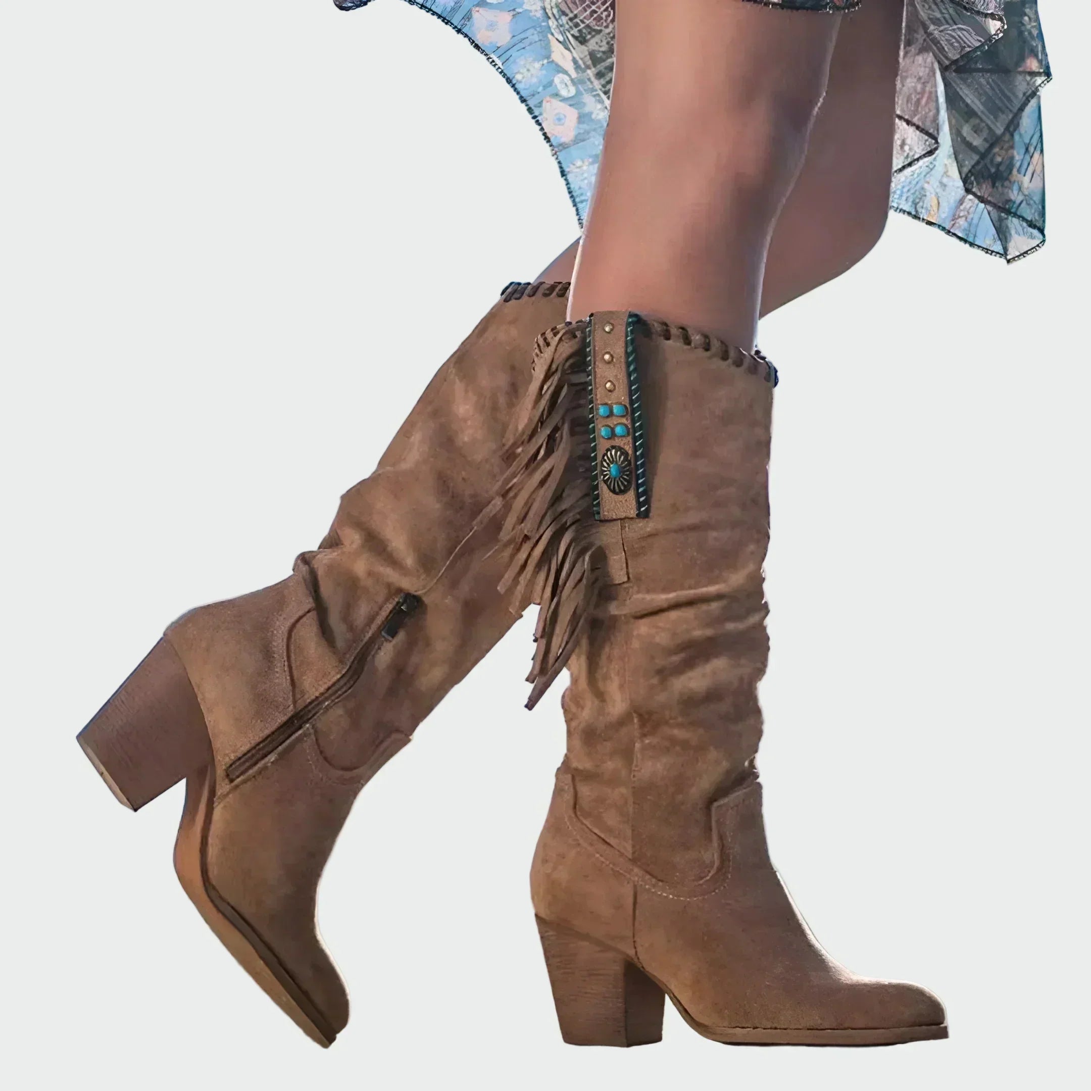 Cowboystiefel für Damen, Boho, mit Fransen und mittelhohem Absatz