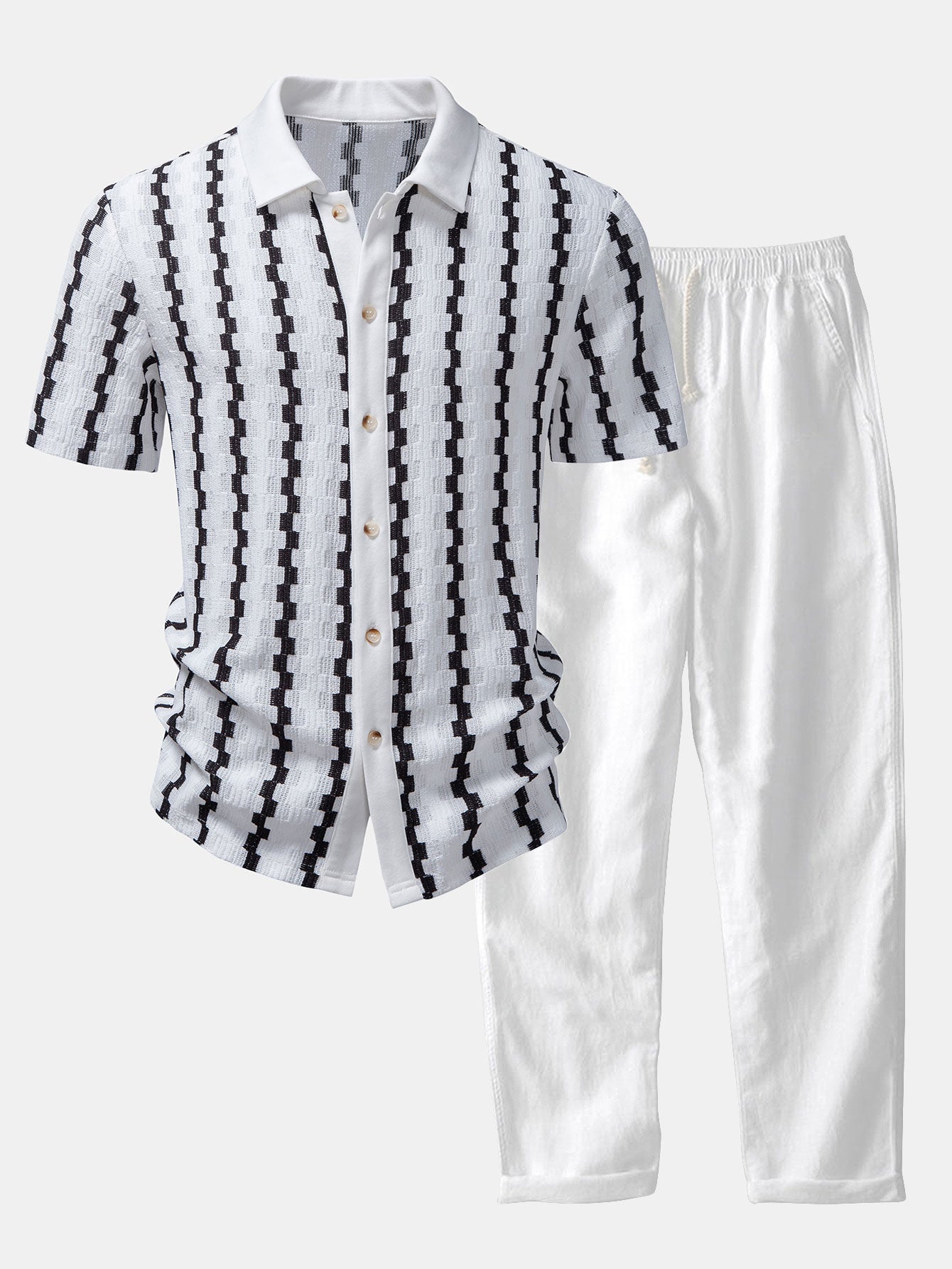 Conjunto Camisa Cuadros Jacquard y Pantalón Recto Lino