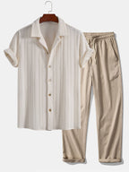 Conjunto Camisa Cubana Jacquard y Pantalón Recto Casual