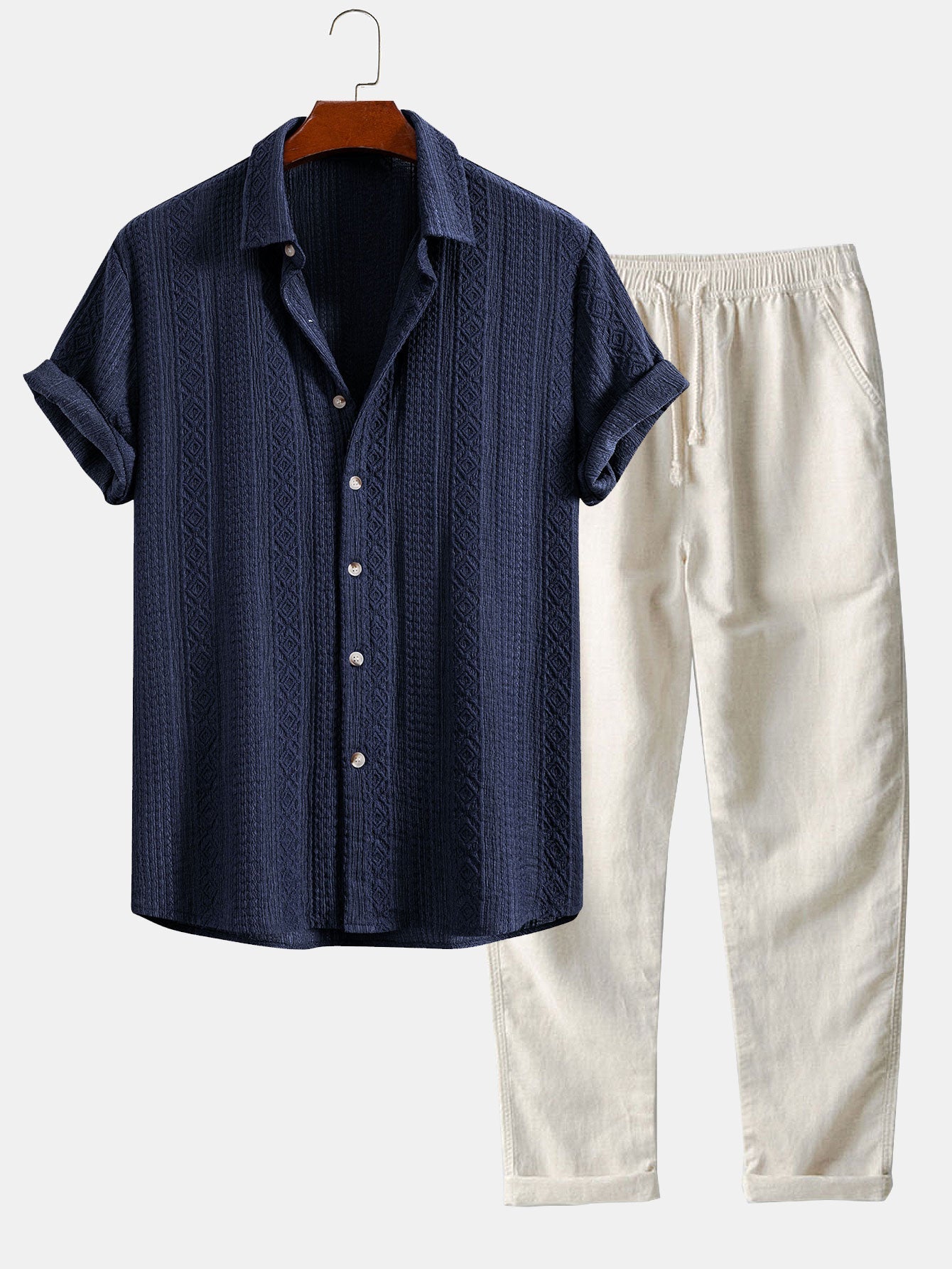 Conjunto Camisa Jacquard Geométrica y Pantalón de Lino