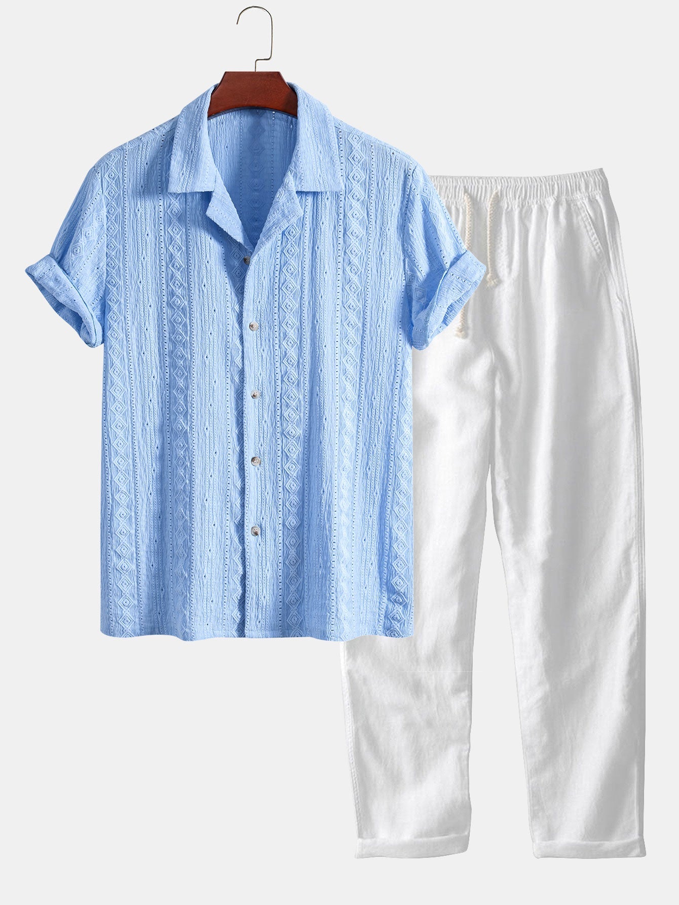 Conjunto Camisa Cubana Jacquard y Pantalón Recto Lino