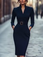Vestido Negro Elegante con Cinturón y Corte Fluido