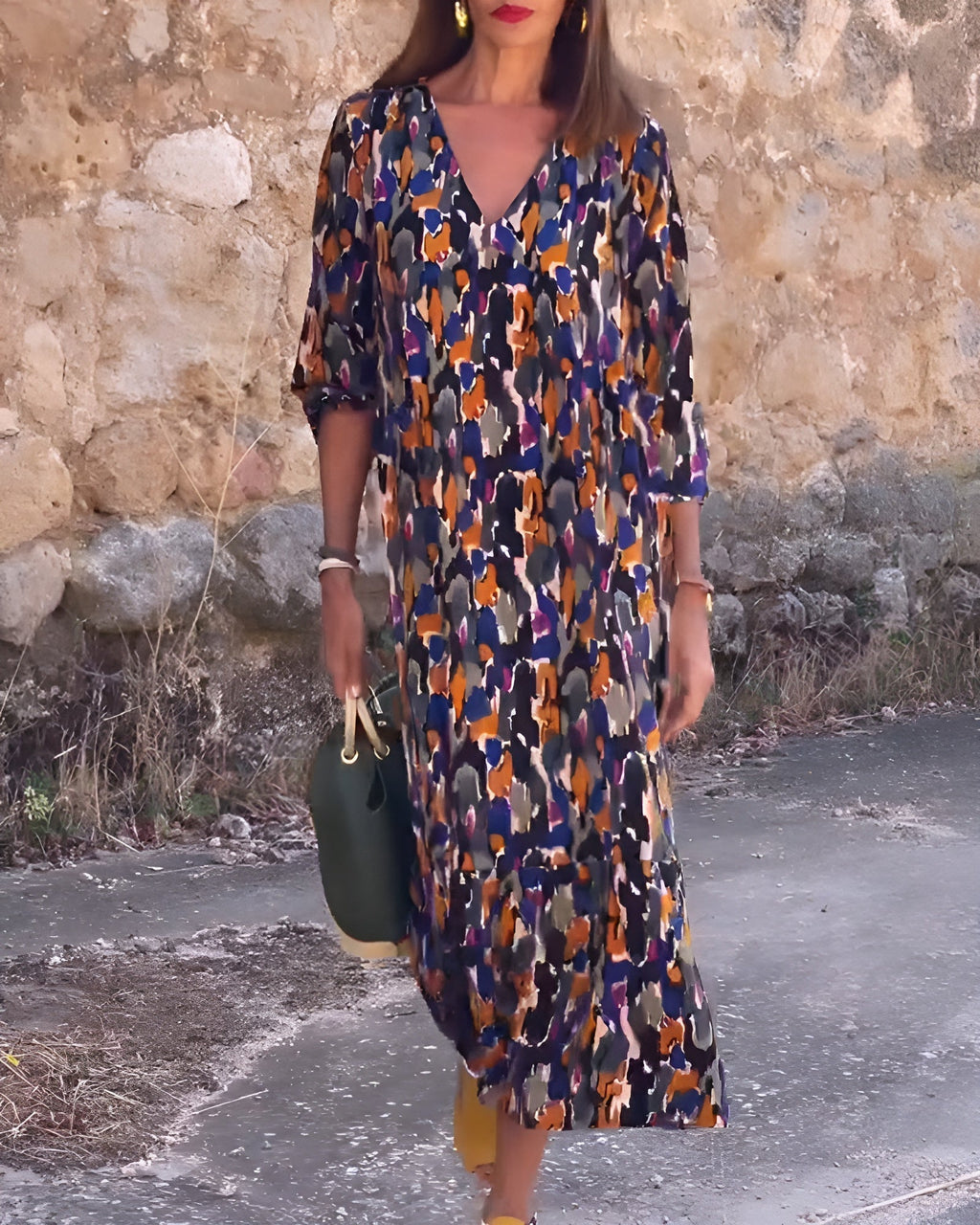 Vestido Con Cuello En V Estampado Retro Fluido