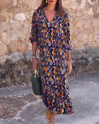 Vestido Con Cuello En V Estampado Retro Fluido