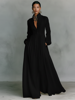 Vestido Maxi De Algodón Y Lino Con Cuello Alzado