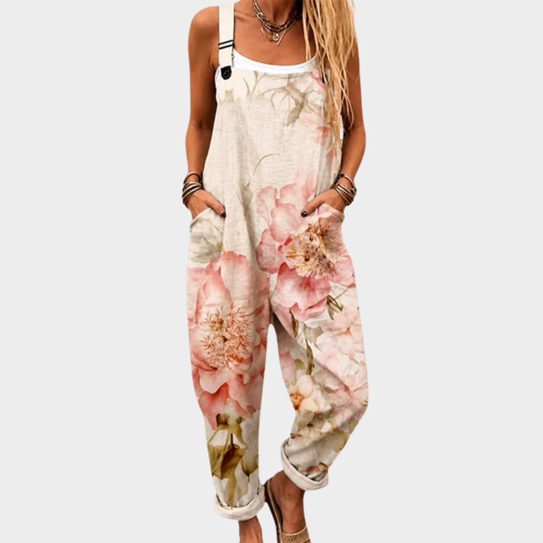 Miel | Warm Beige Floral Strap Jumpsuit