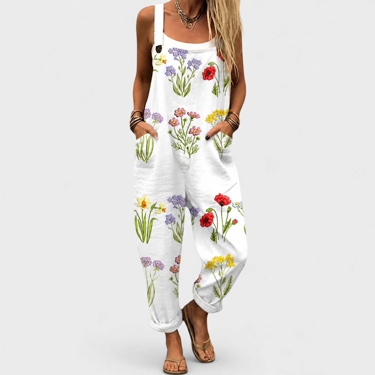 Beige | Earthy Beige Floral Strap Jumpsuit