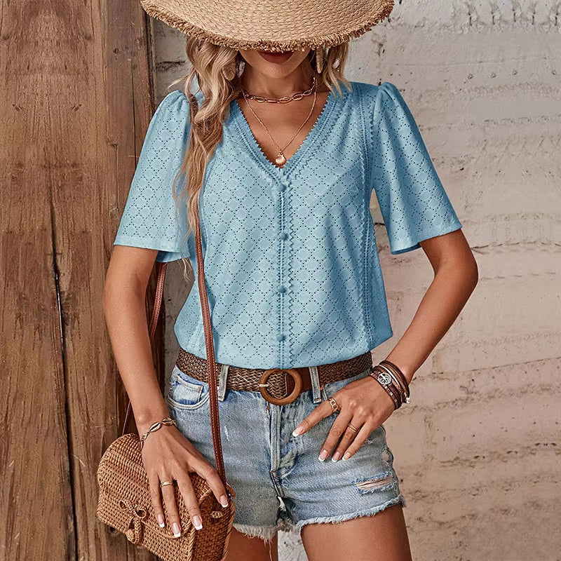 Blusa De Mujer De Manga Corta Con Escote En V