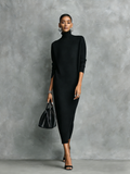 Knit Midi Dress with High Neck and Long Sleeves