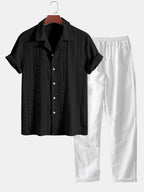 Conjunto Camisa Cubana Jacquard y Pantalón Recto Lino