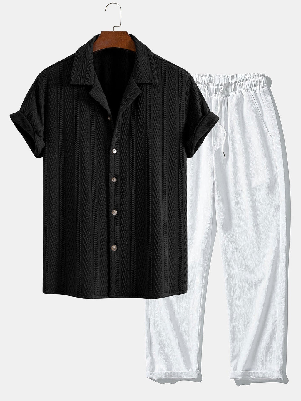 Conjunto Camisa Cubana Jacquard y Pantalón Recto Casual