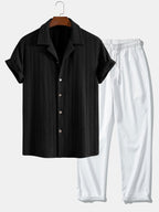 Conjunto Camisa Cubana Jacquard y Pantalón Recto Casual