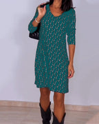 Vestido Cuadros Con Escote En V Y Manga Larga