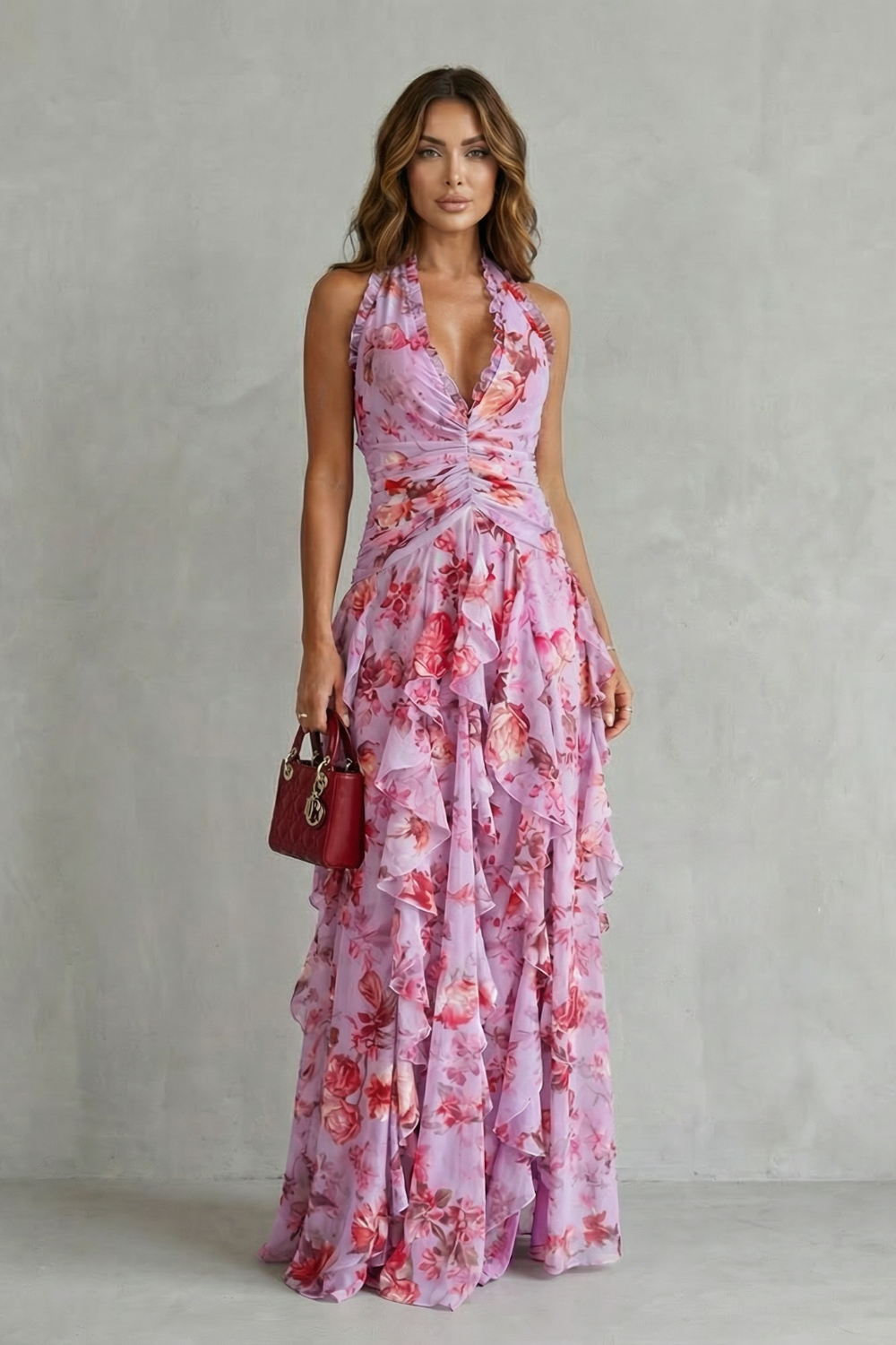 Belladina | Romantic Long Dress with Rose Cascade and Halter Neckline