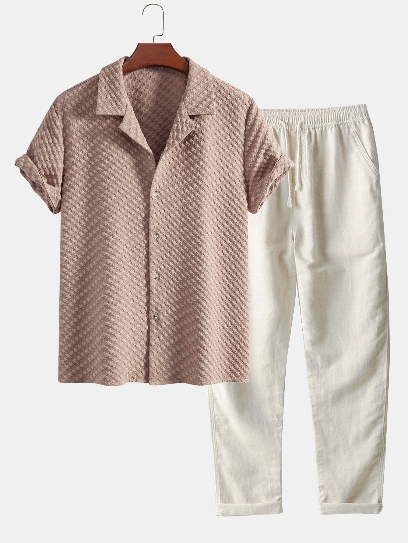 Conjunto Camisa Cubana Jaquard Pata de Gallo y Pantalón de Lino