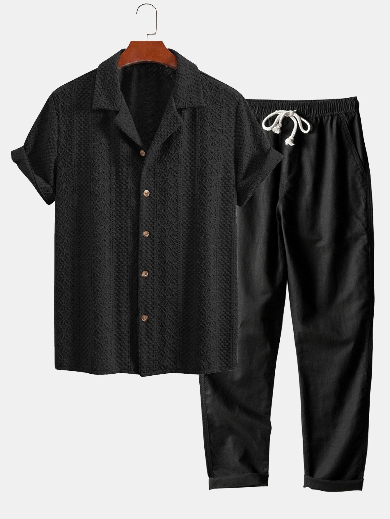 Conjunto Camisa Cubana Jacquard Floral y Pantalón Recto