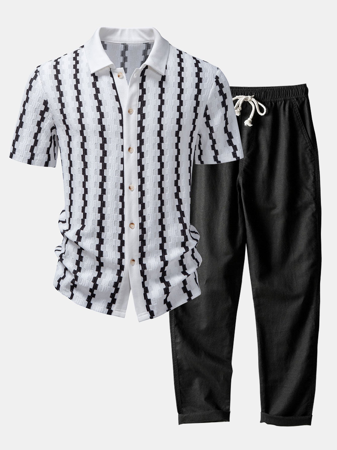 Conjunto Camisa Cuadros Jacquard y Pantalón Recto Lino