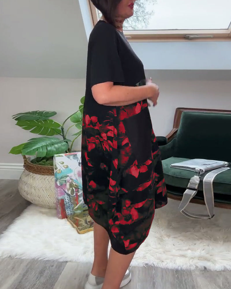 Vestido Patchwork con Flores y Cuello Redondo