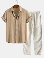 Conjunto Camisa Jacquard Geométrica y Pantalón de Lino