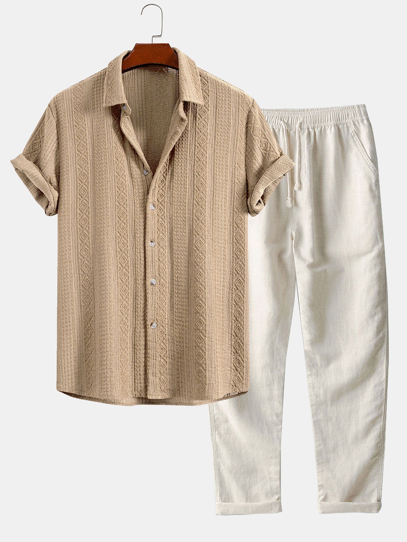 Conjunto Camisa Jacquard Geométrica y Pantalón de Lino