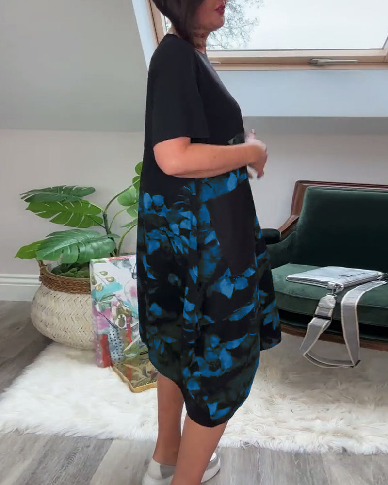 Vestido Patchwork con Flores y Cuello Redondo